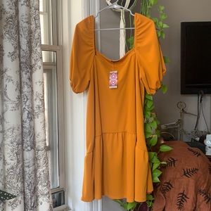 Boohoo Puff Sleeve Smock Dress in Mustard Size 16